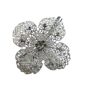 Hair Clip Barrette Silver Tone Metal Rhinestones Large Flower Bride Wedding...